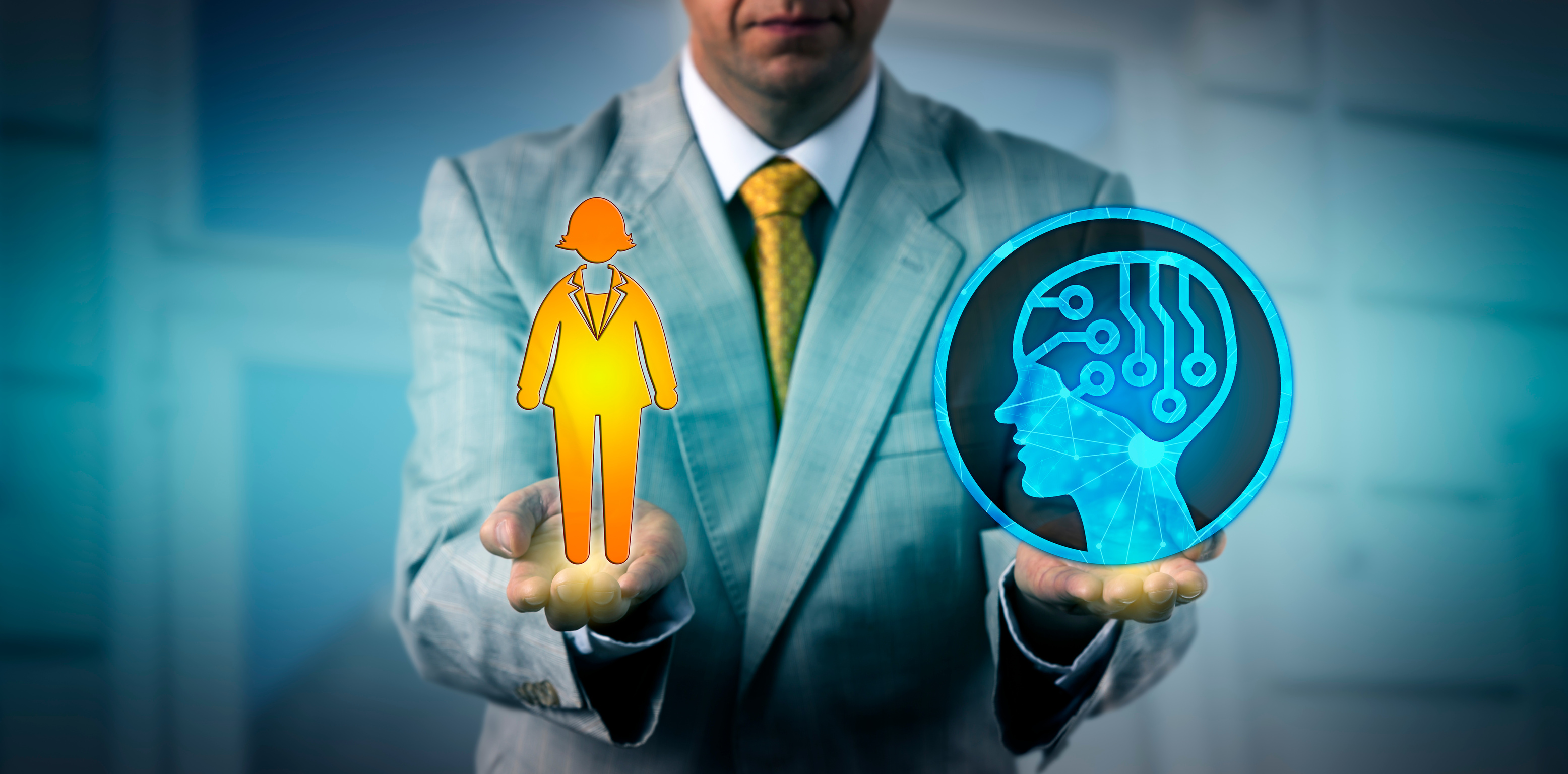 Manager Balancing One Female Worker And AI App